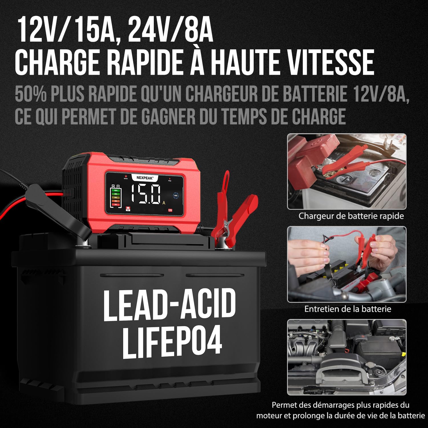 Detalle de Chargeur de Batterie de Voiture 12V/24V 15A/8A intelligent — LiFePO4 et Plomb-ACID