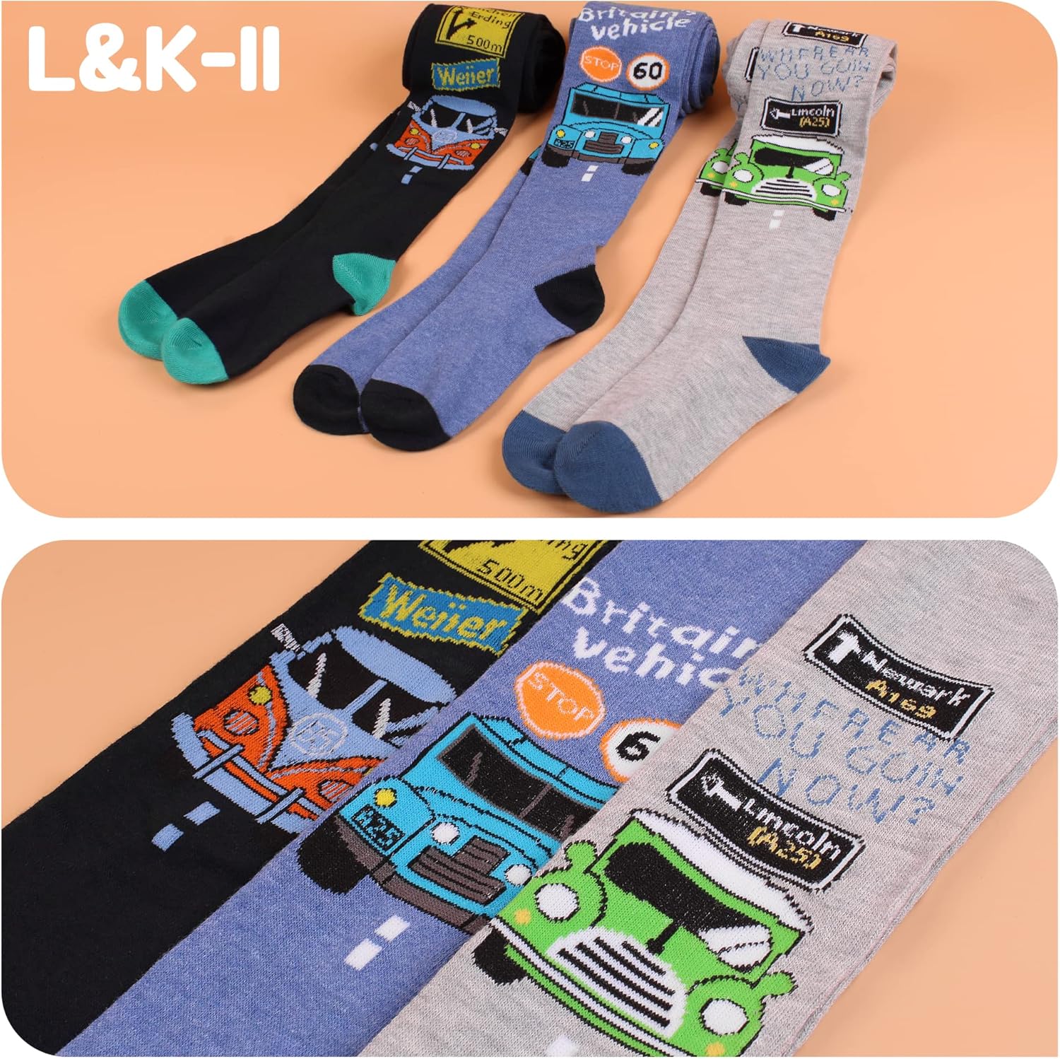 Detalle 2 de L&K-II Lot de 6 collants en tricot pour garçons — motifs football et voiture, multicolore