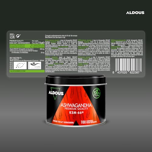 Detalle de Ashwagandha KSM-66® Ecológica de Aldous Bio — 600 mg por cápsula, 100 días, sin aditivos ni plástico