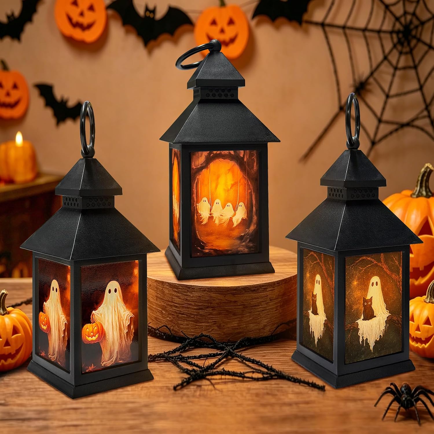 Detalle de Bseical-1017 Halloweenlantaarns, set van 3 met led-kaars en ophangoog