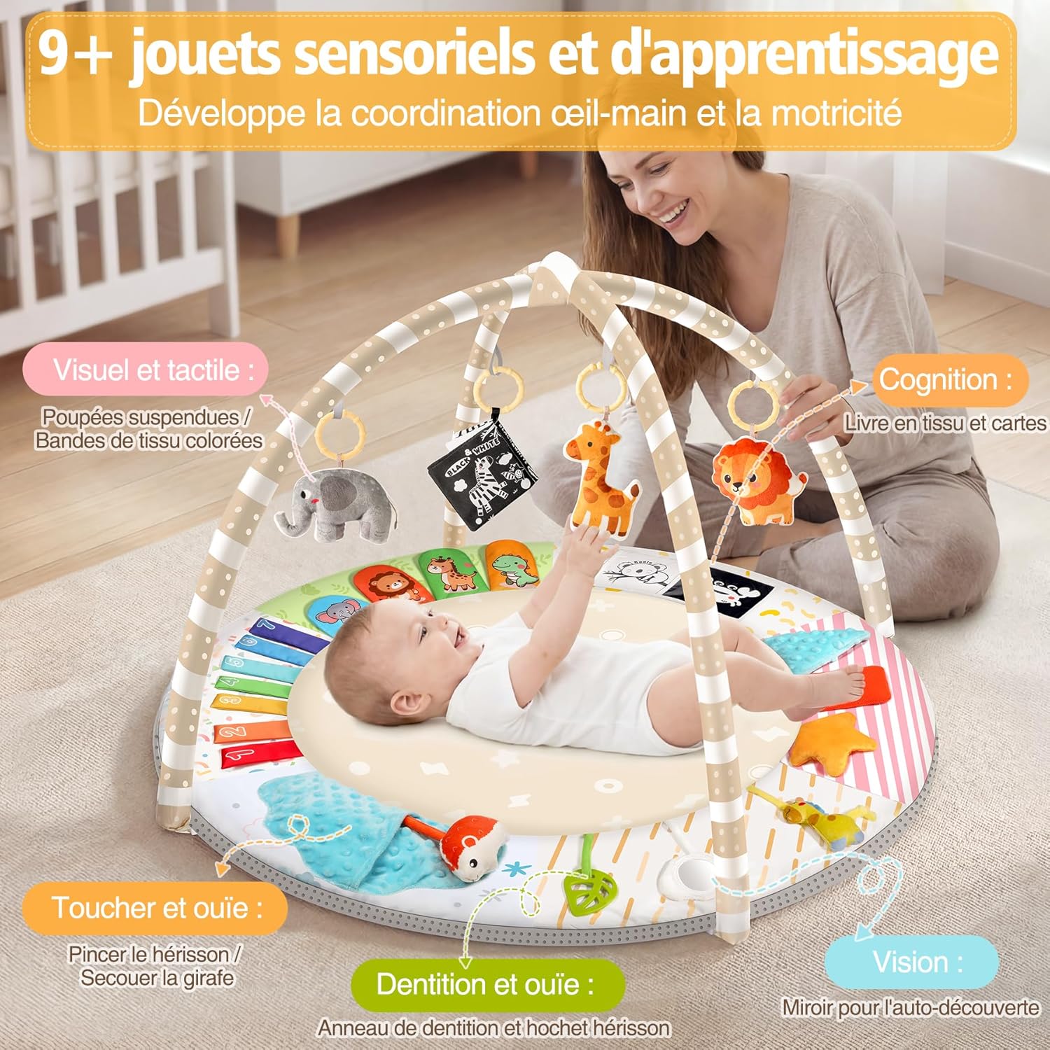 Thumbnail 2 de URMYWO Tapis d’éveil bébé avec arche amovible et 5 jouets détachables (0-18 mois)