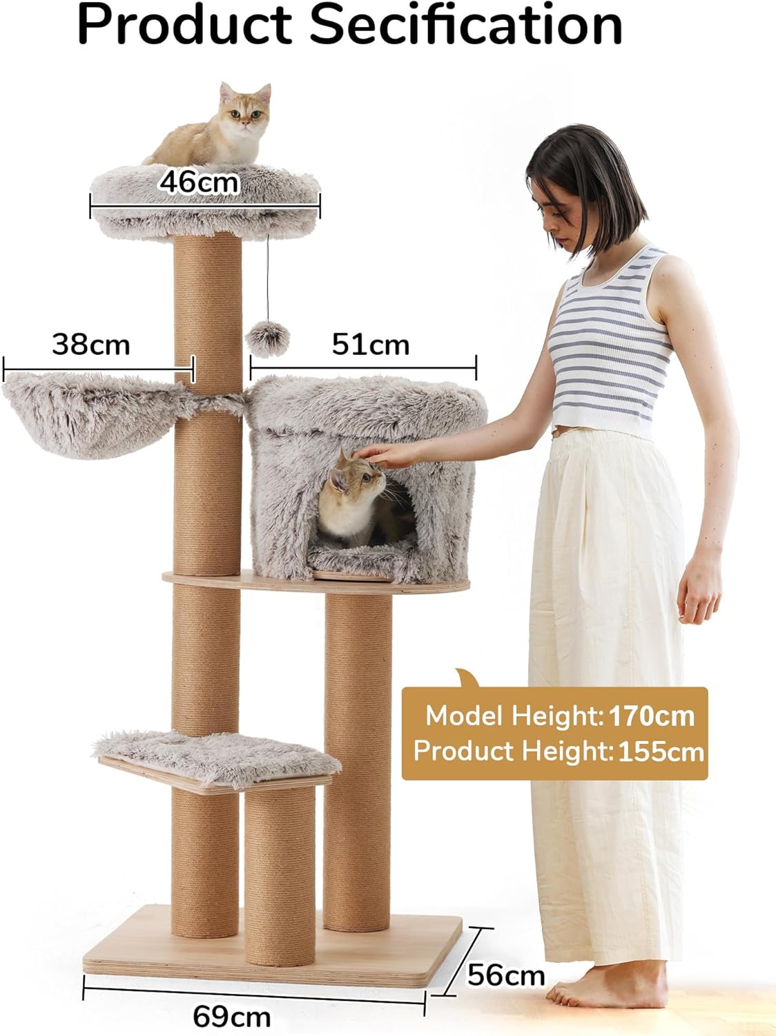 Thumbnail 3 de FUKUMARU Cat Tree 5 in 1 (155cm) with 4 Levels, 6 Scratching Posts & Detachable Cushions