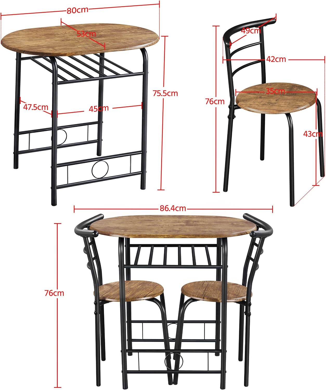 Detalle de Yaheetech Juego de Mesa Redonda 3 piezas 90x53,5 cm