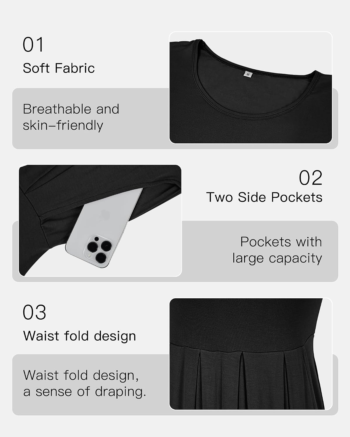 Detalle de AUSELILY Damen Kurzarm Plissee Loose Swing Freizeitkleid mit knielangen Taschen – entspannt elegant für Alltag und Events