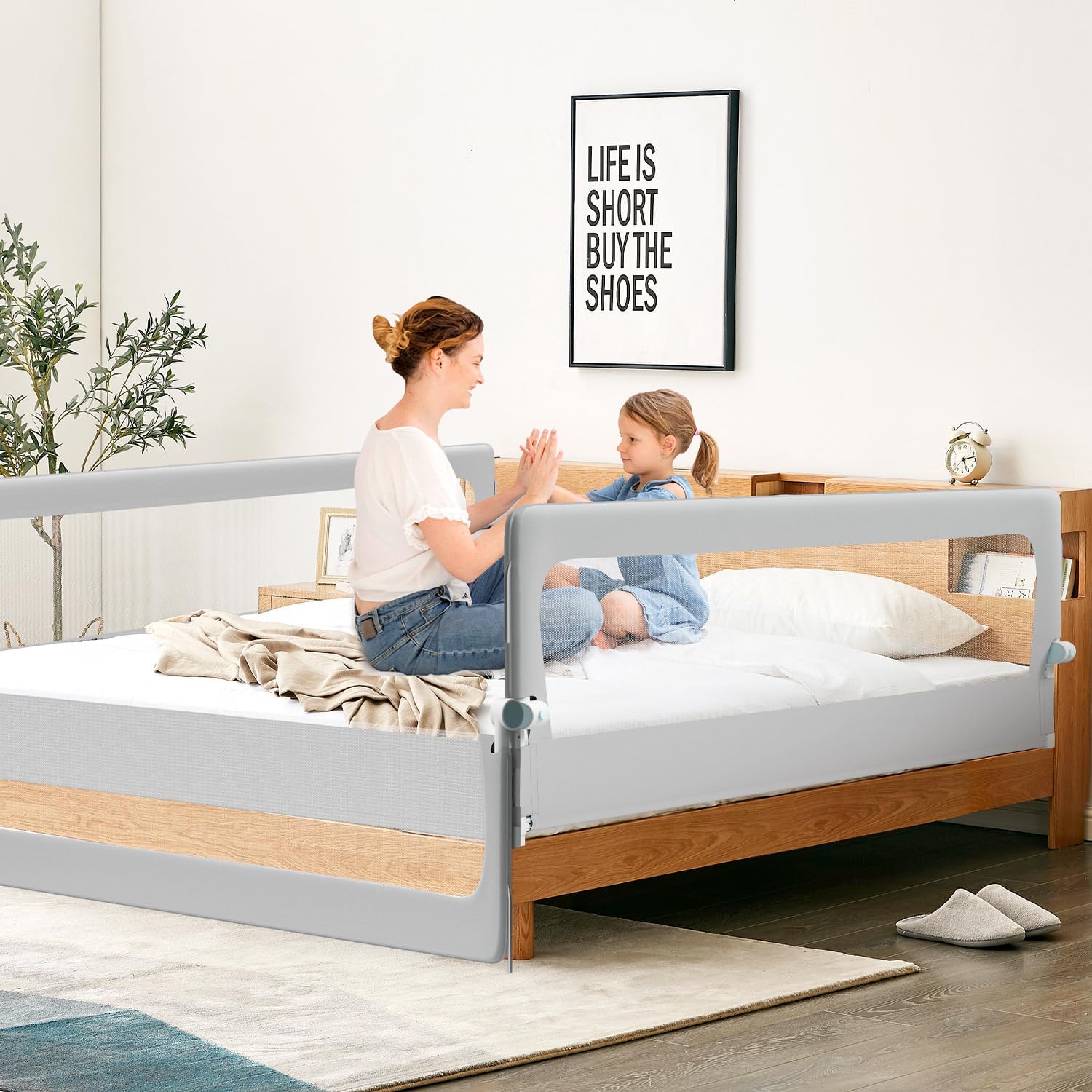 Thumbnail 6 de Ikodm Rausfallschutz Bett für Boxspringbett 180 cm – höhenverstellbar 72–86 cm, 180° klappbar, luftiges Netz, einfache Montage, Grau