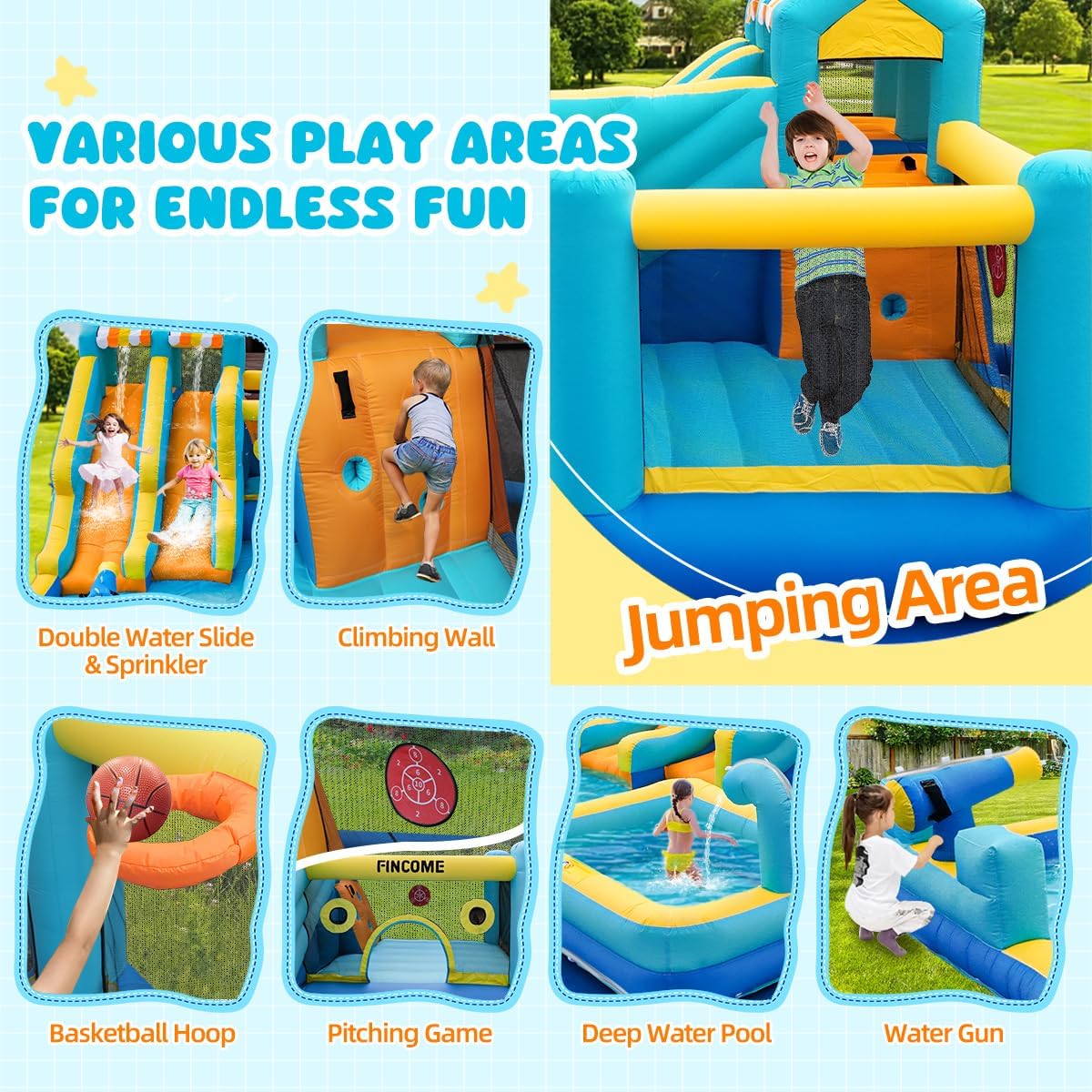 Thumbnail 1 de FINCOME 10-in-1 Inflatable Bounce House Water Slide with 750W Blower, Double Water Slides & Climbing Wall
