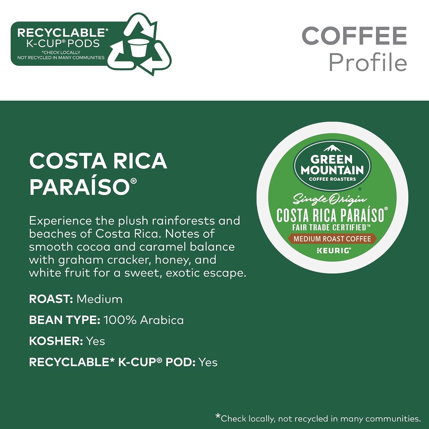 Detalle de Green Mountain Costa Rica Paraiso K-Cup Coffee Pods, Medium Roast, 96 Count
