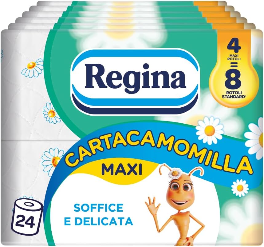 Regina Cartacamomilla — Rotoli di carta igienica 3 veli, 300 fogli cada uno, profumo di camomilla, 24 rotoli FSC