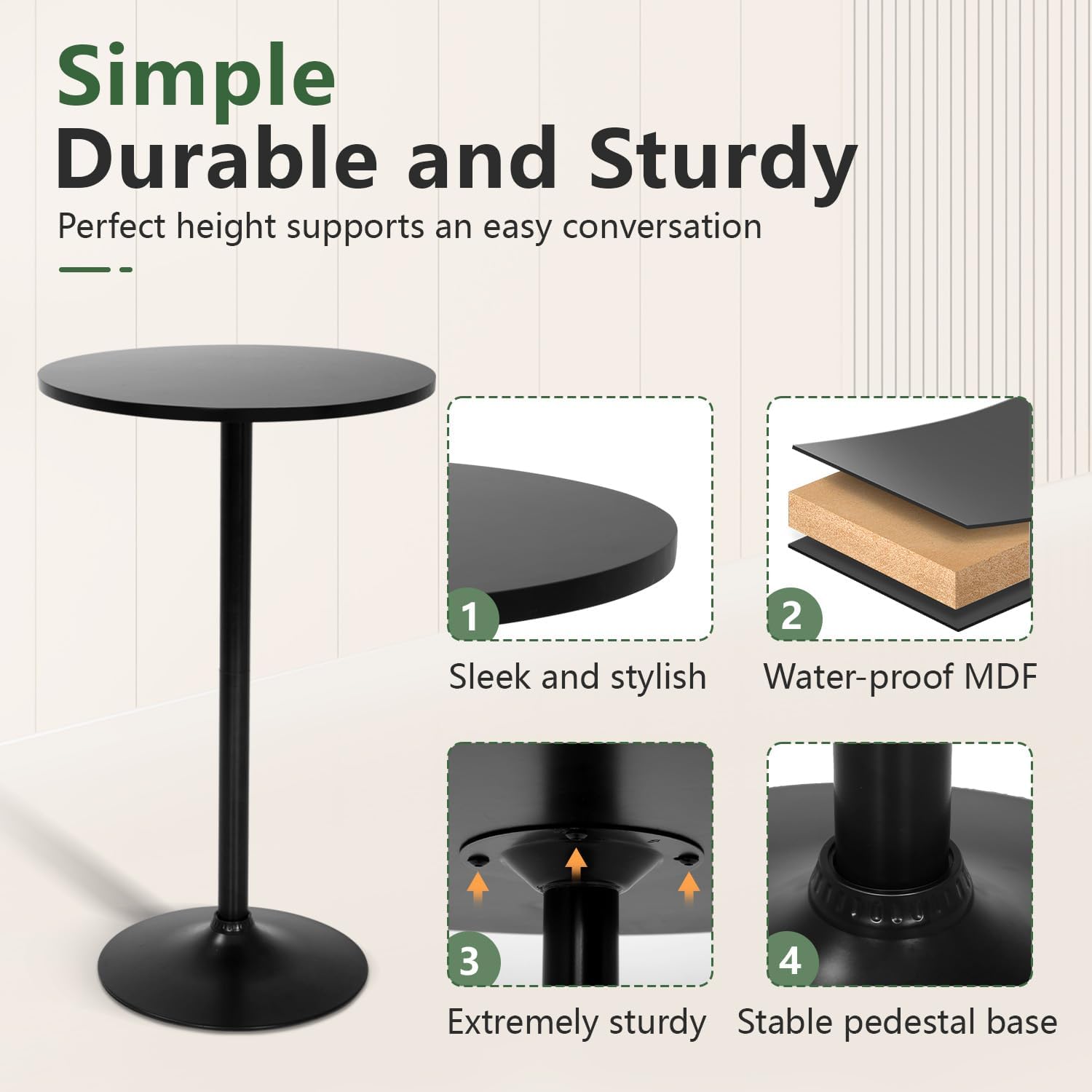 Detalle 2 de FDW Modern Round Hydraulic Pub Table, Black, Wood Top, Metal Frame