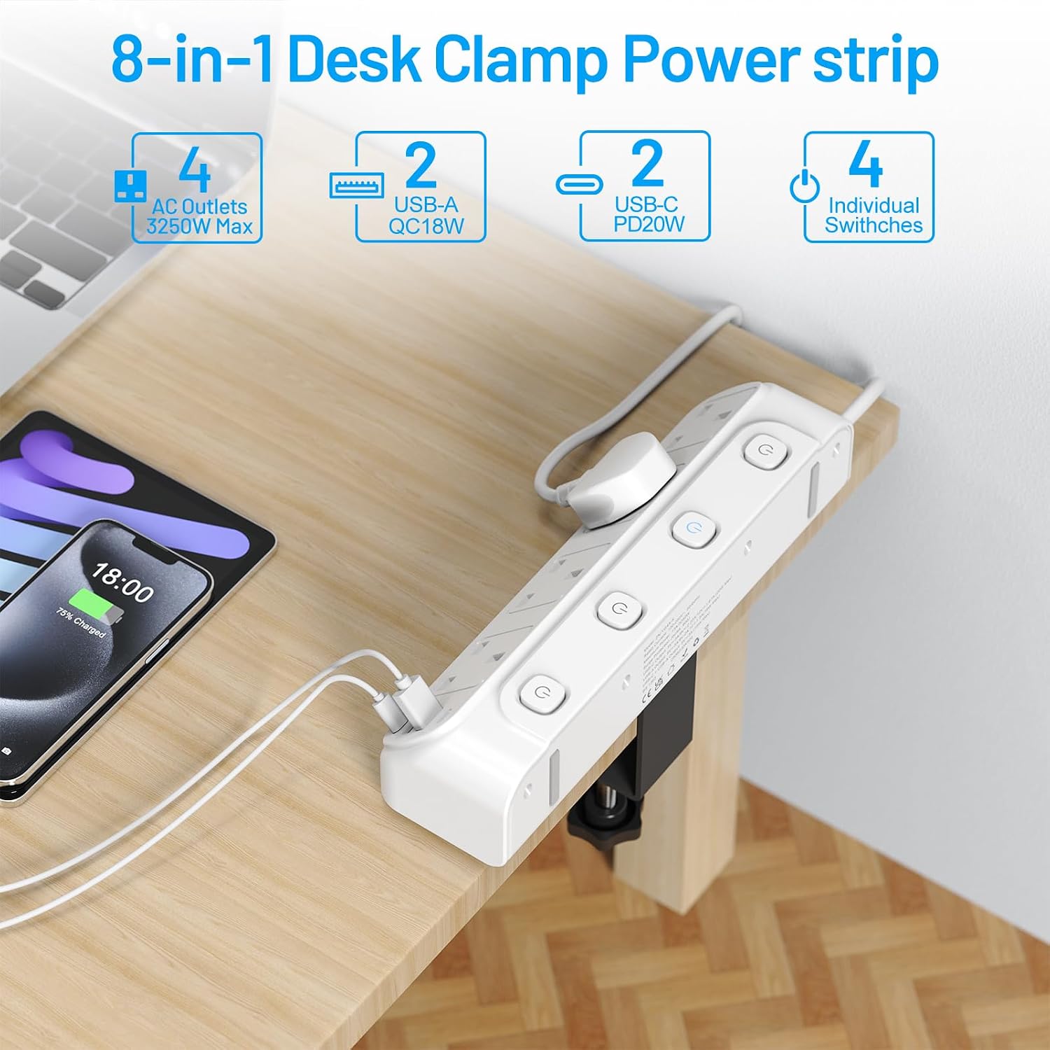 Detalle 2 de BEVA 4-Way Desk Extension Lead with Surge Protection and 4 USB Ports (PD20W) – White, 1.8m