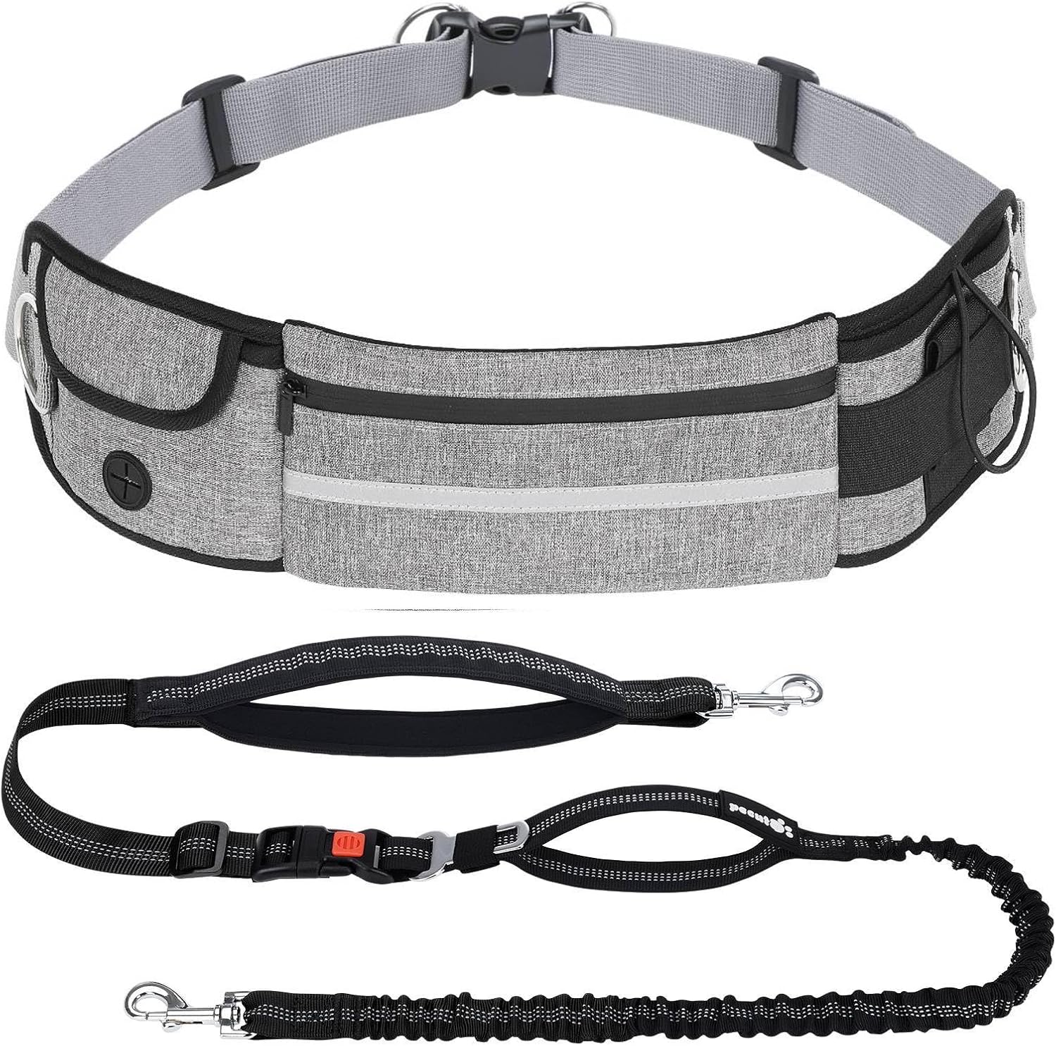 Detalle de Pecute Hundeleine mit Tasche – Hüftgurt mit Pads, stoßdämpfendem Bungee und reflektierenden Streifen