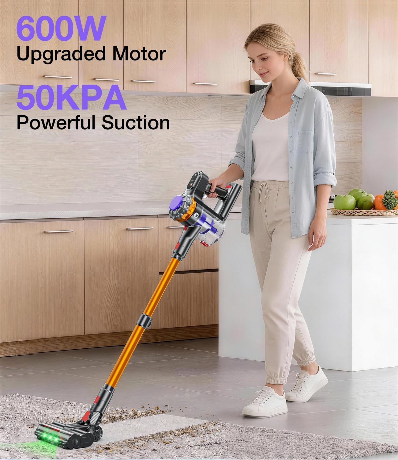 Detalle de KQAHA V08 Cordless Stick Vacuum, 600W, 50,000Pa Suction, 1.5L Dust Cup