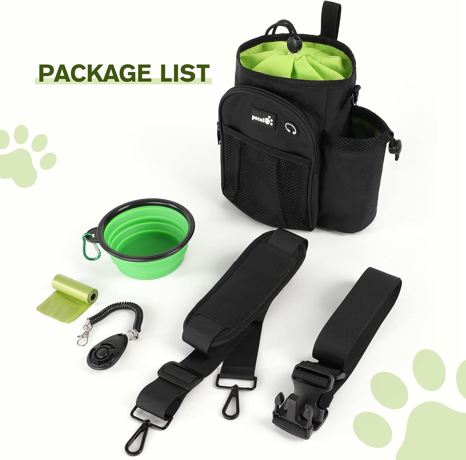 Detalle 2 de Pecute XL Dog Walking Bag with Water Bottle Holder (Black) – 22×21×16CM, 5 Pockets, Waterproof