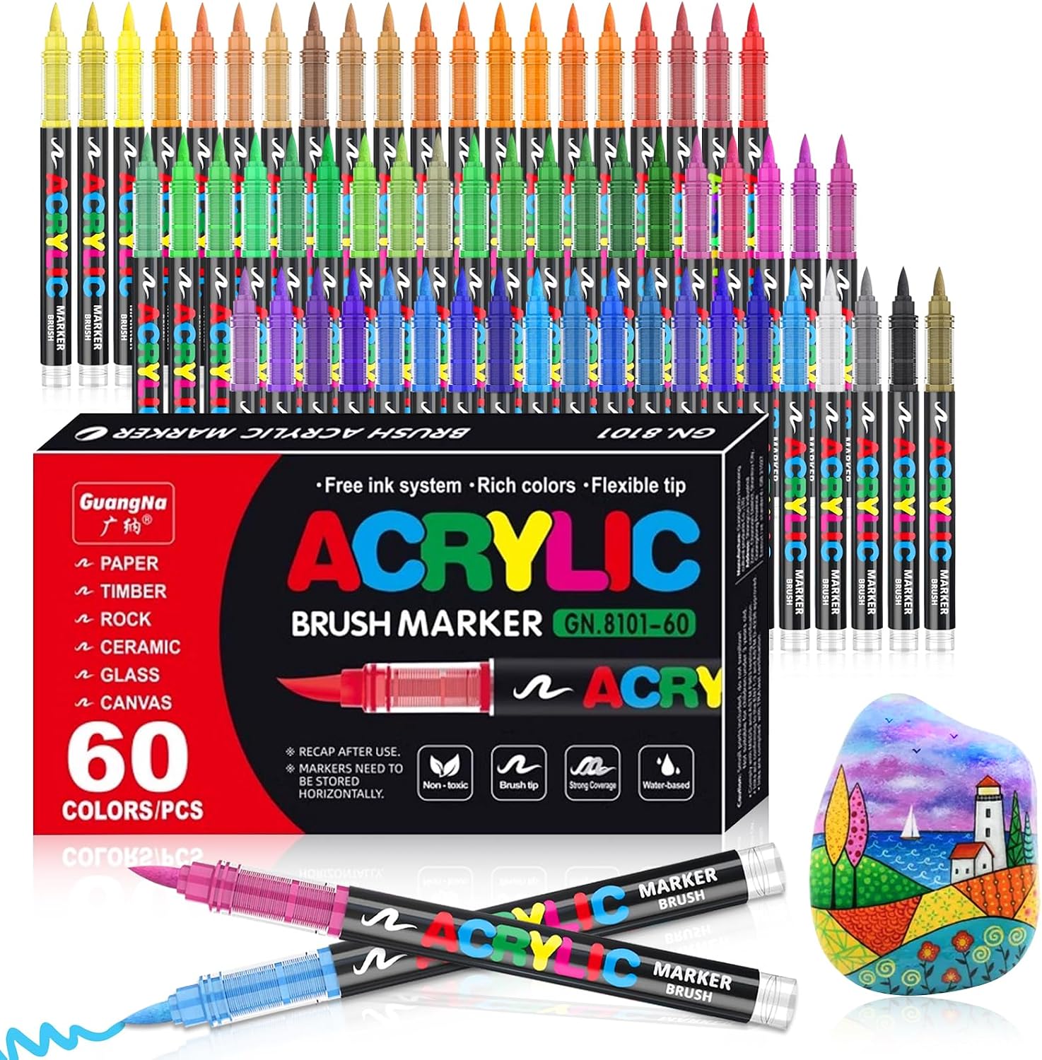 Detalle de Vakki 60 Acrylstifte – wasserfeste Acrylmarker mit Pinselspitze, 1–6 mm, ideal zum Bemalen von Stein, Glas, Holz, Keramik & Leinwand