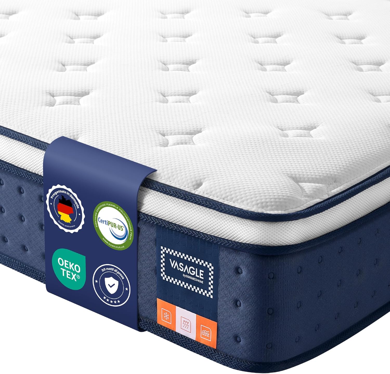 Detalle de VASAGLE Materasso Singolo 80 x 190 x 25 cm Ibrido con Molle Insacchettate e Memory Foam con Gel – Blu RMZ202QZ02