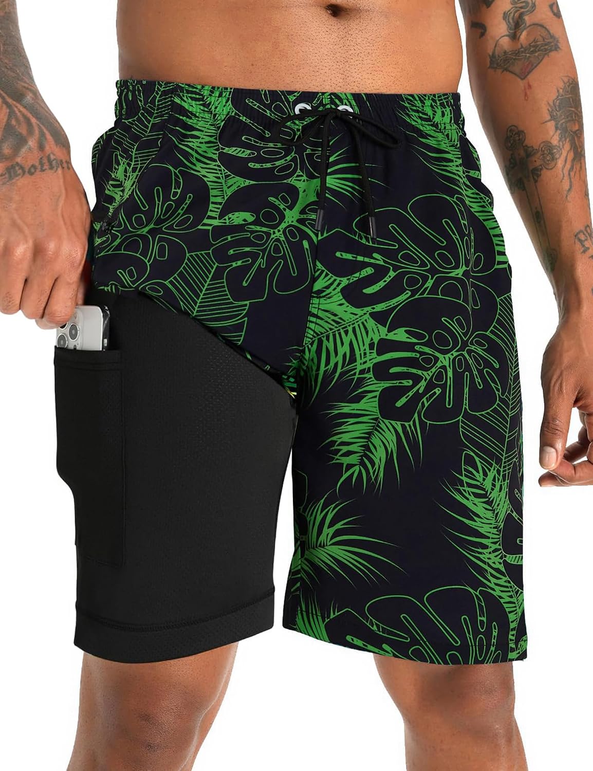 Detalle de APTRO Men's 9" Swim Shorts with Compression Liner, Zip Pocket & Quick-Dry Fabric