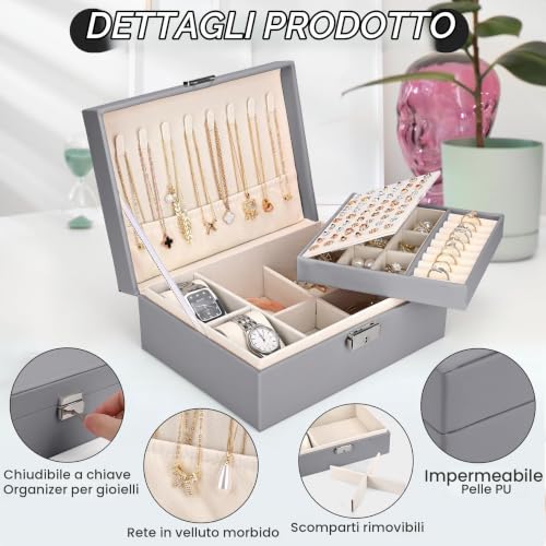 Detalle de Sofore Portagioie Donna 2 Strati in Pelle PU Grigio – Porta Gioielli Grande e Sicuro