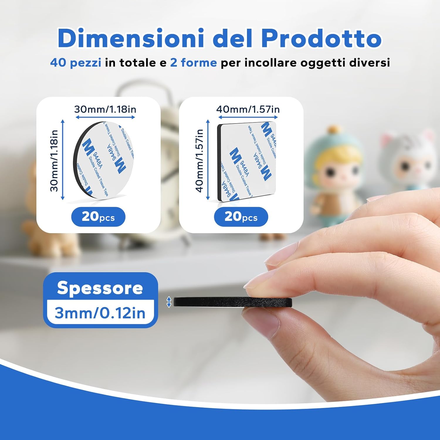 Thumbnail 1 de HOMMAND Pads Biadesivo Extra Forte in schiuma EVA (40 pezzi) quadrati e tondi, nero