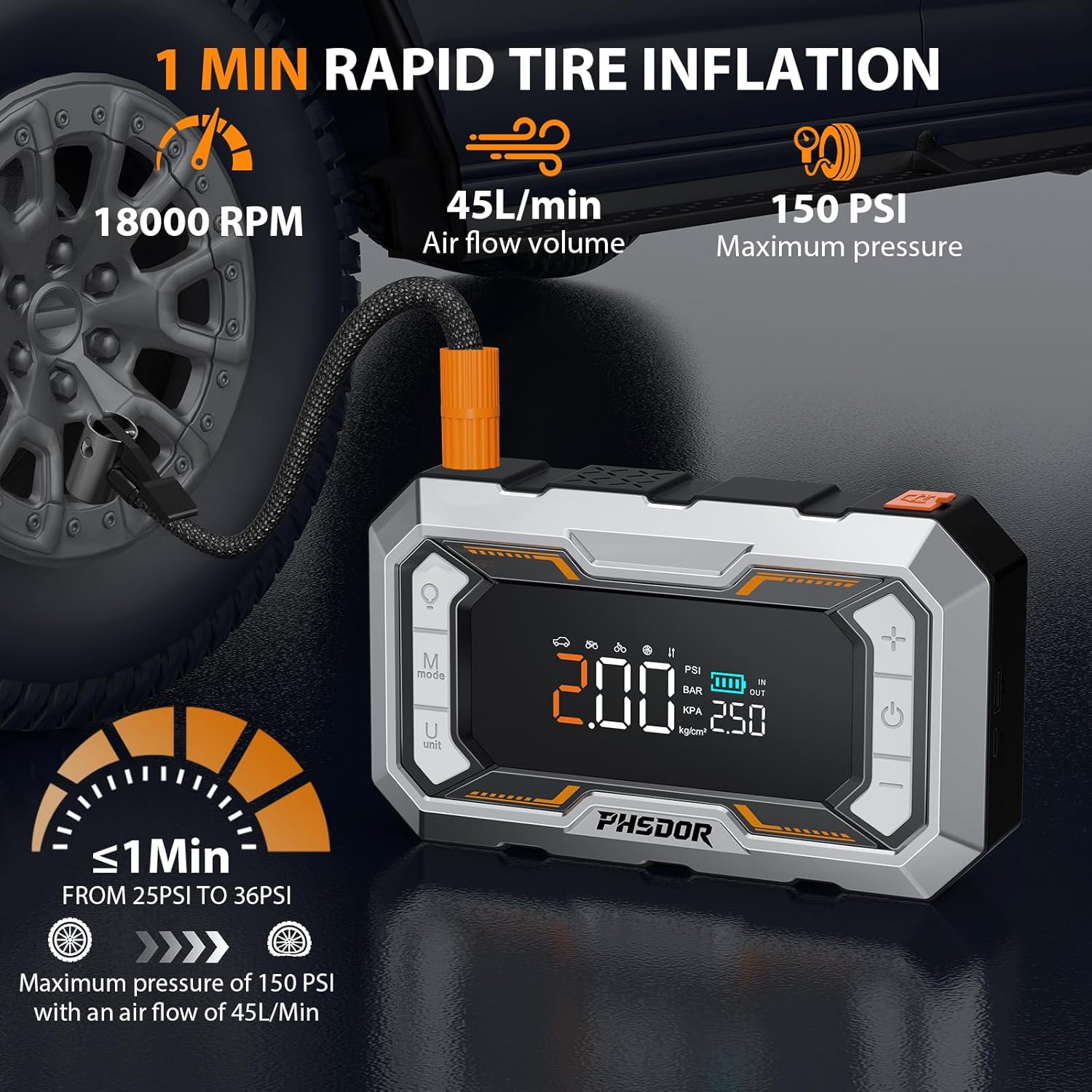 Thumbnail 2 de 8000A Jump Starter Power Pack with Air Compressor (25000mAh, 150 PSI) by 8000A – Silver & Orange