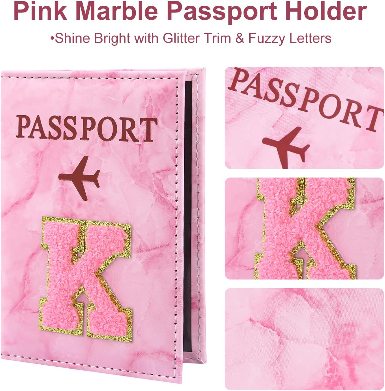 Thumbnail 1 de ILIYAH Personalized Initial Passport Holder – Pink Marble Chenille Letter