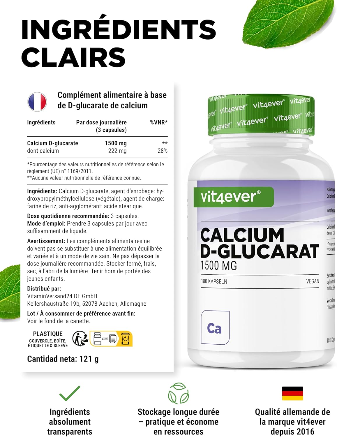 Detalle de Vit4ever Calcium-D-Glucarate 1500 mg — 180 gélules véganes, fort dosage pour une supplémentation quotidienne