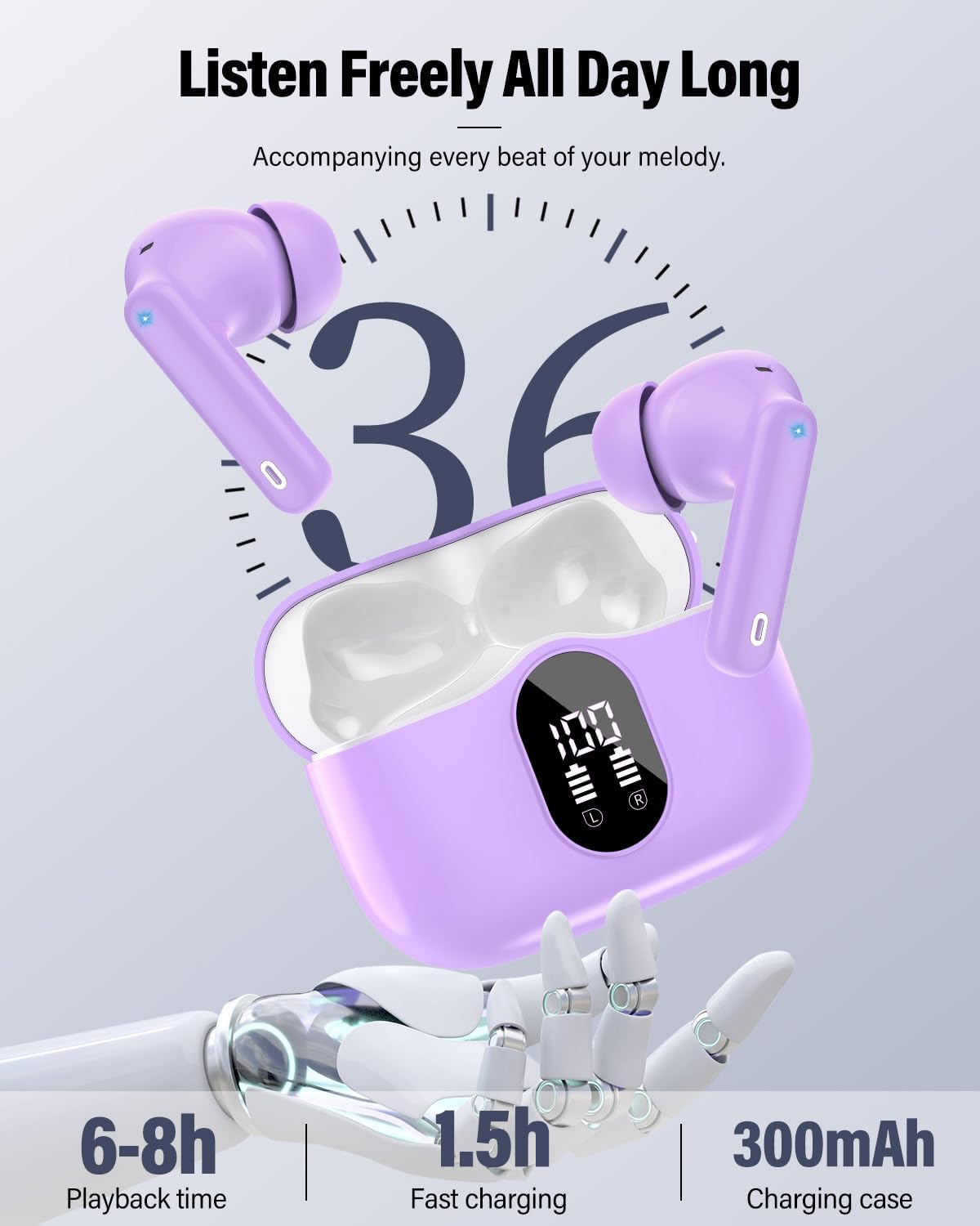 Thumbnail 6 de Btootos A-A90 Pro Wireless Earbuds, Bluetooth 5.4, Purple, 36-Hour Playtime