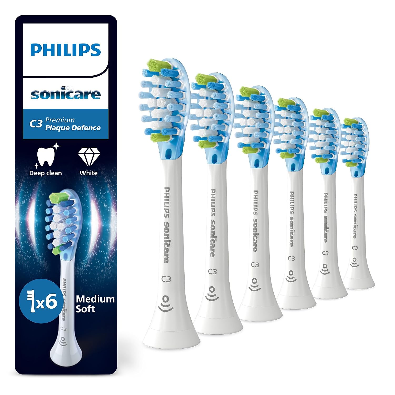 Detalle de Philips Sonicare C3 Premium Plaque Defense: Original Ersatzbürstenköpfe, Weiß, 6er-Pack (HX9046/87)