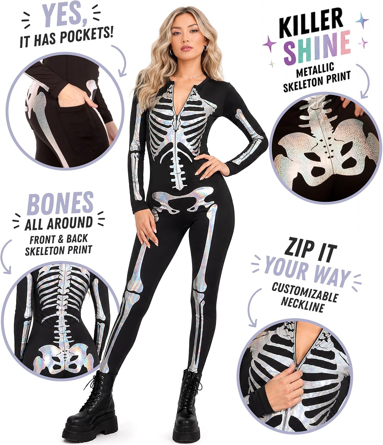 Thumbnail 2 de Tipsy Elves TE-HWBS01 Skeleton Bodysuit for Women, Silver Holographic Print
