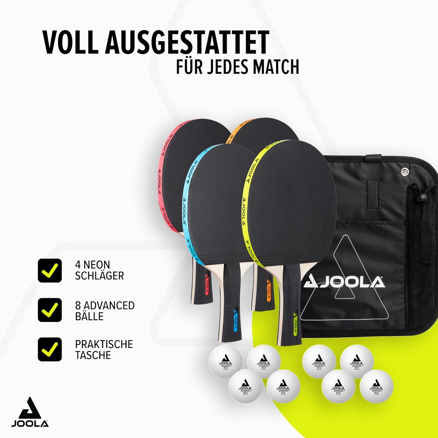 Thumbnail 1 de JOOLA Tischtennis Set – 4 NEON-Schläger, 8 Bälle und Tragetasche