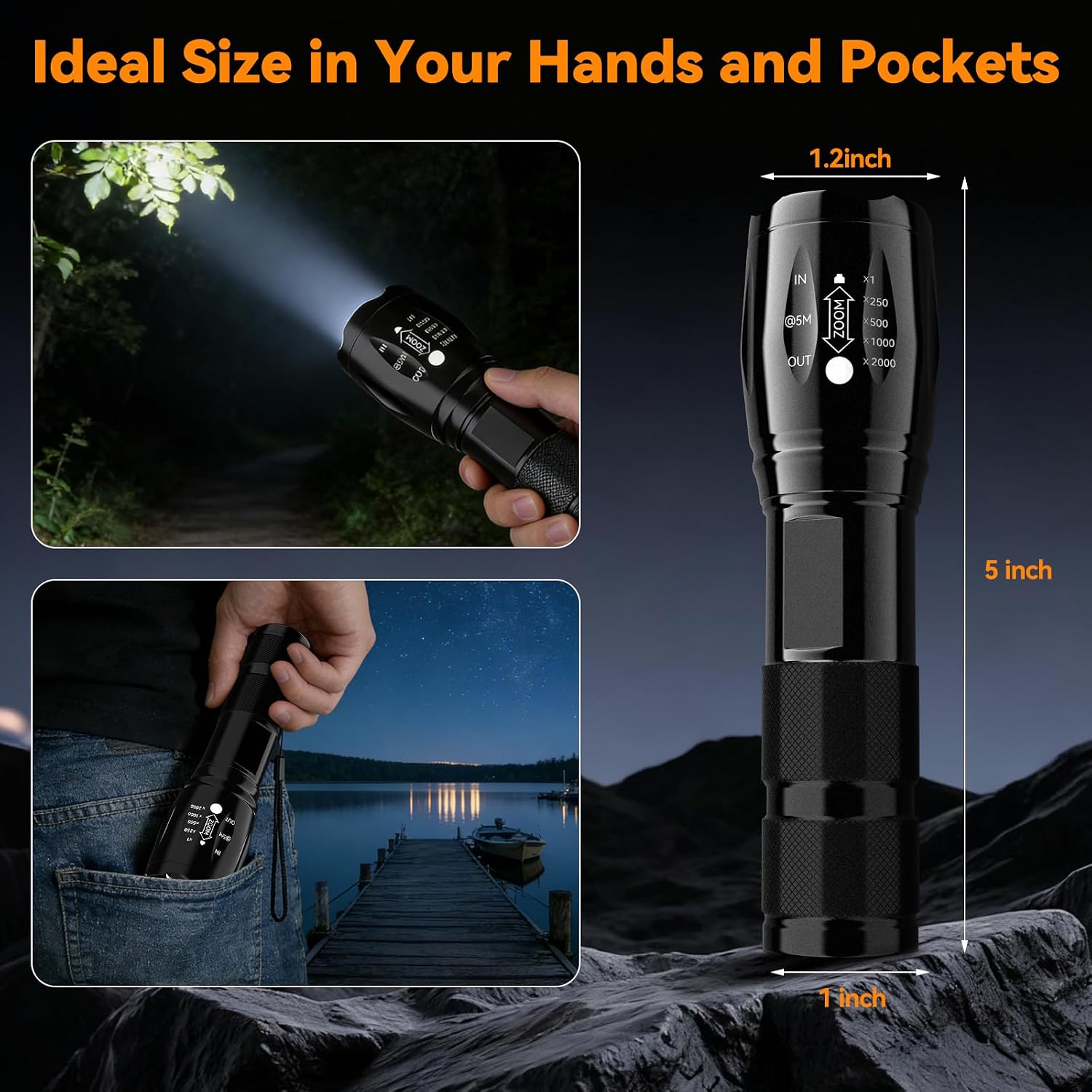 Detalle de BESTSUN 2 Pack Tactical Flashlight Torch, Zoomable LED Flashlights with 5 Modes
