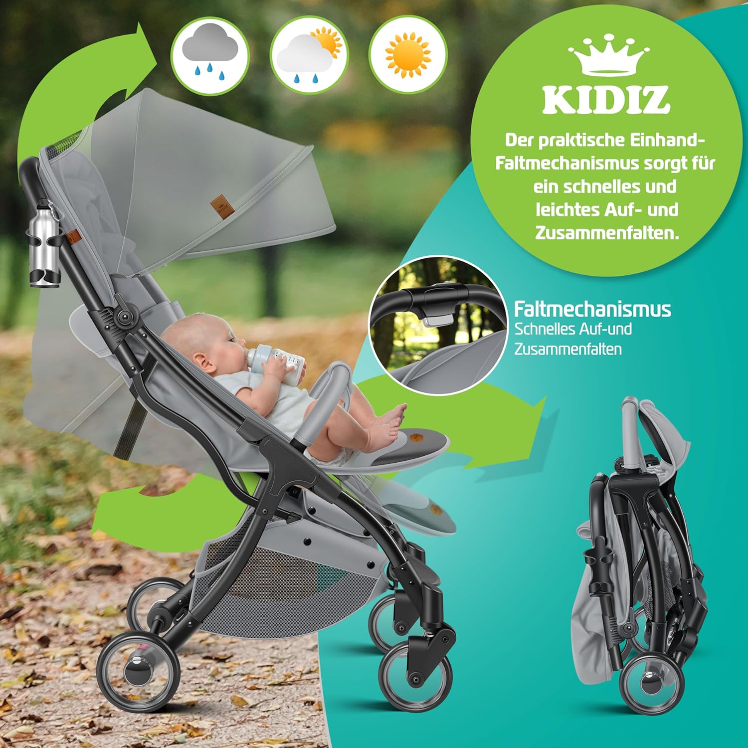 Thumbnail 6 de KIDIZ® Premium Kinderwagen – kompakter, faltbarer Liegebuggy mit 360° Rädern, 5-Punkt-Gurt & Regenabdeckung