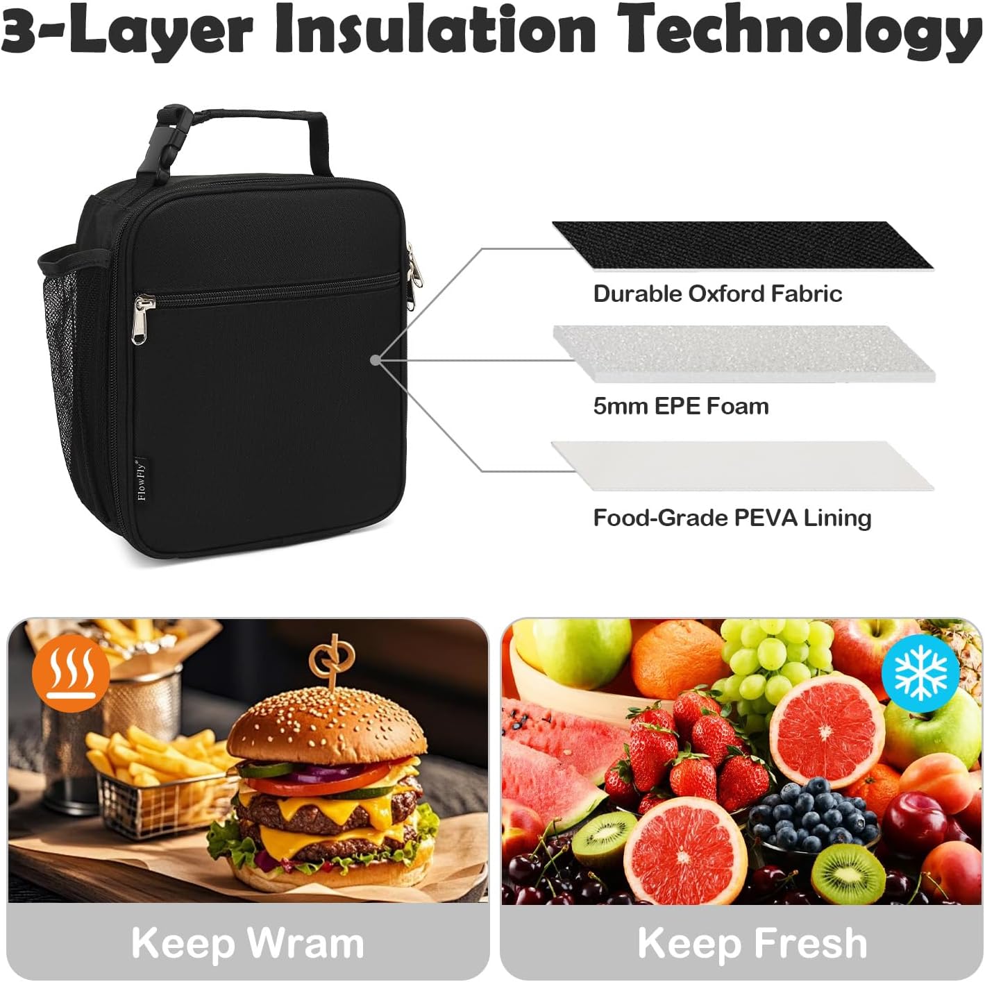 Thumbnail 4 de FlowFly Kids Lunch Box Insulated Soft Bag with Letter Print — Mini Cooler Tote for Back to School