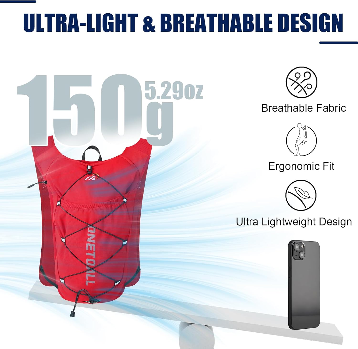 Thumbnail 1 de ONETOALL Running Vest Hydration Backpack (6L) with 500ml bottle & 2L bladder, reflective trail vest