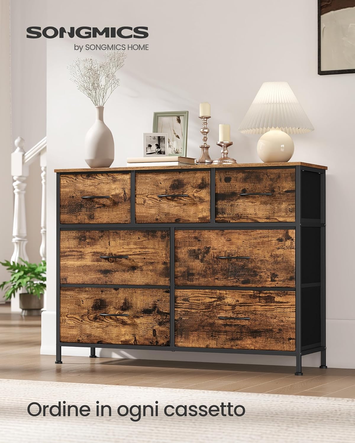 Detalle de SONGMICS BELLAH Collezione - Cassettiera con 7 cassetti in acciaio e legno ingegnerizzato, Marrone Vintage/Nero Inchiostro (LGS323BH04)
