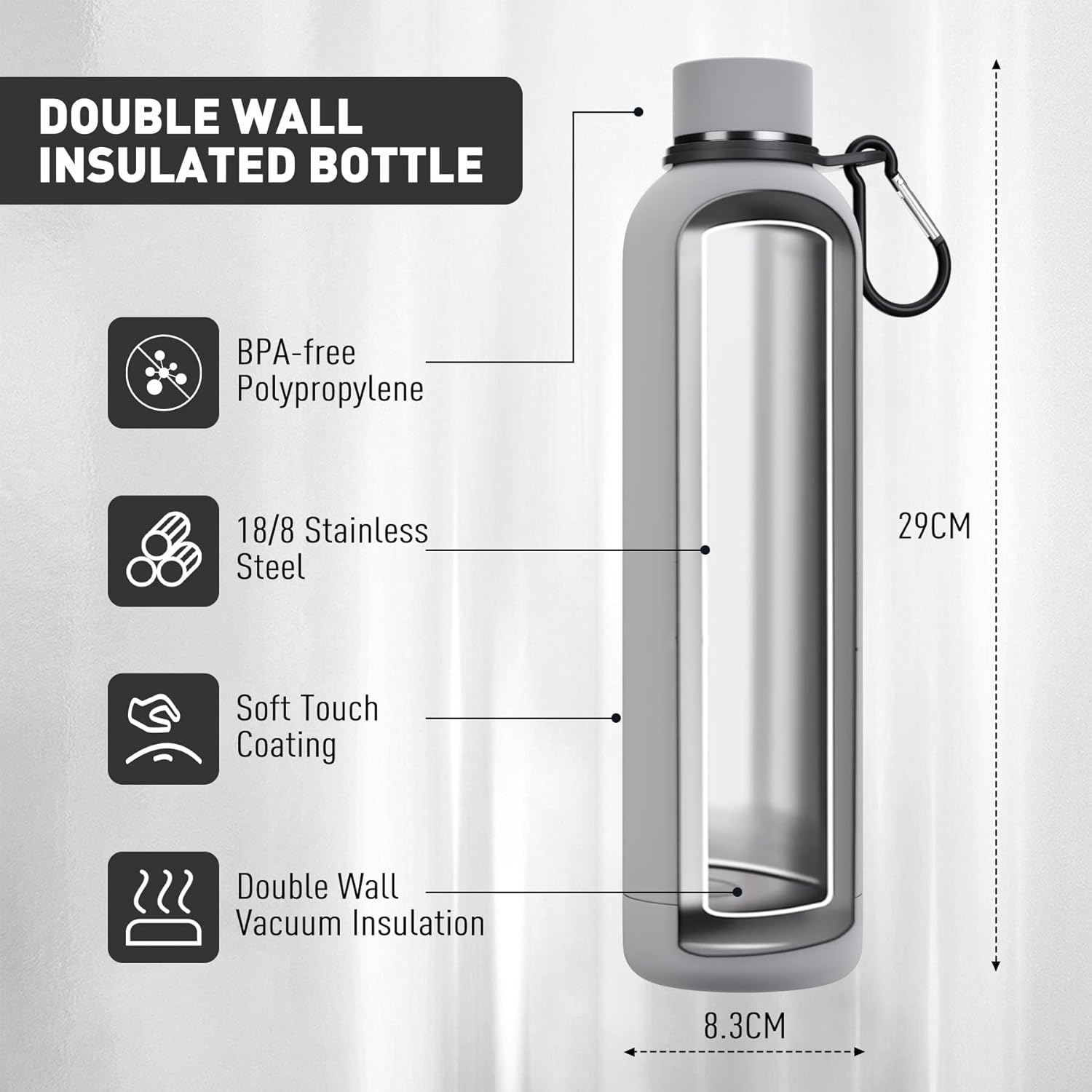 Thumbnail 1 de Exllena 1L Insulated Water Bottle with Clip (Grey) – Double-Wall Vacuum for Cold up to 24 Hours