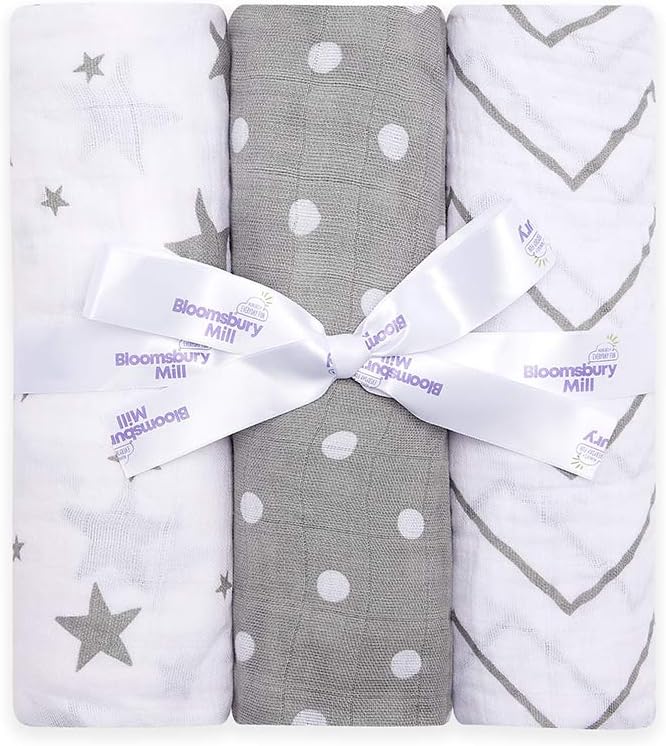 Bloomsbury Mill - Lot de 3 Grands Langes en Mousseline pour Bébé, 120 cm x 120 cm, 100% Coton Biologique, Gris et Blanc