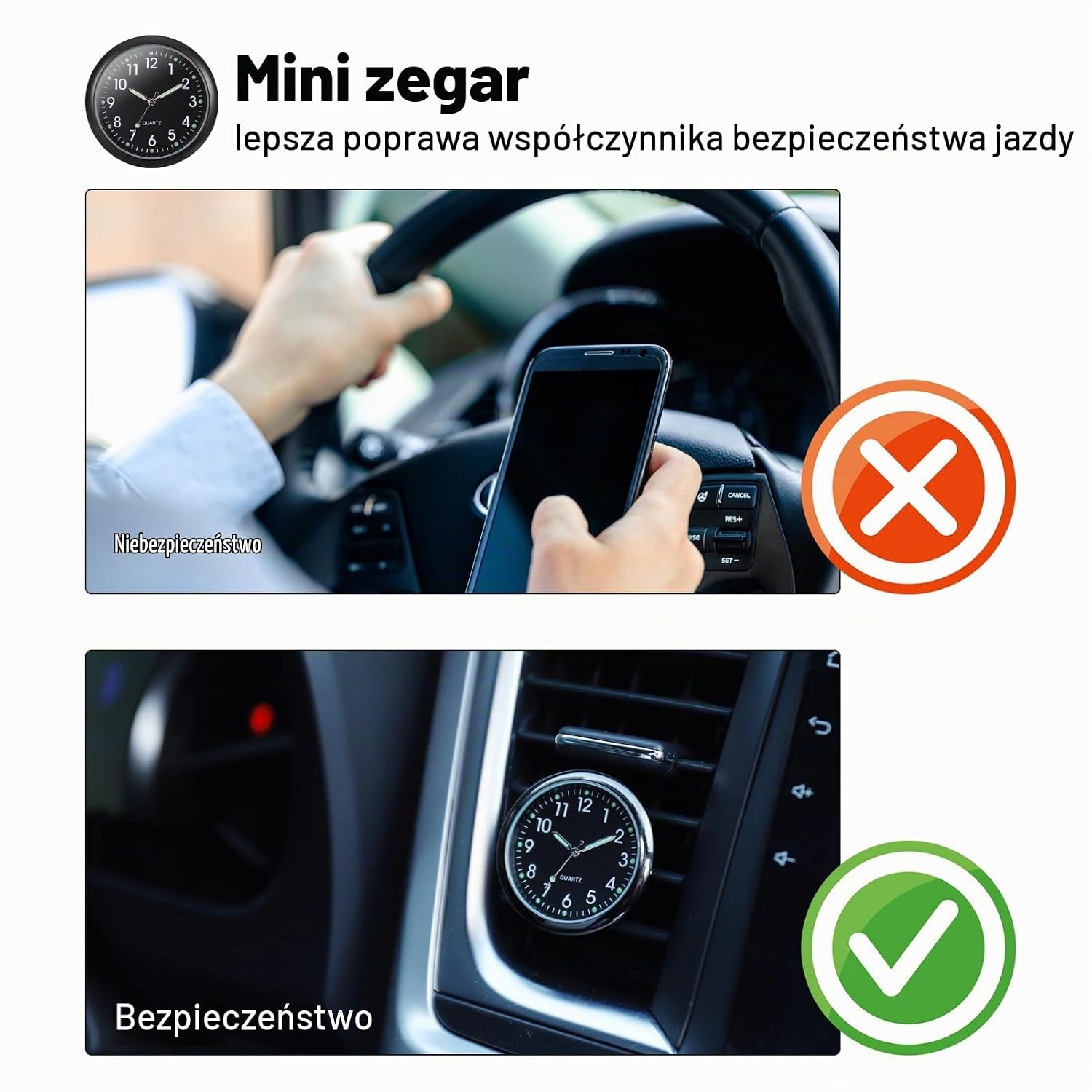 Detalle de JIZZU CZ-A005-1-EU – analogowy zegar samochodowy z mechanizmem kwarcowym, 40 × 40 mm