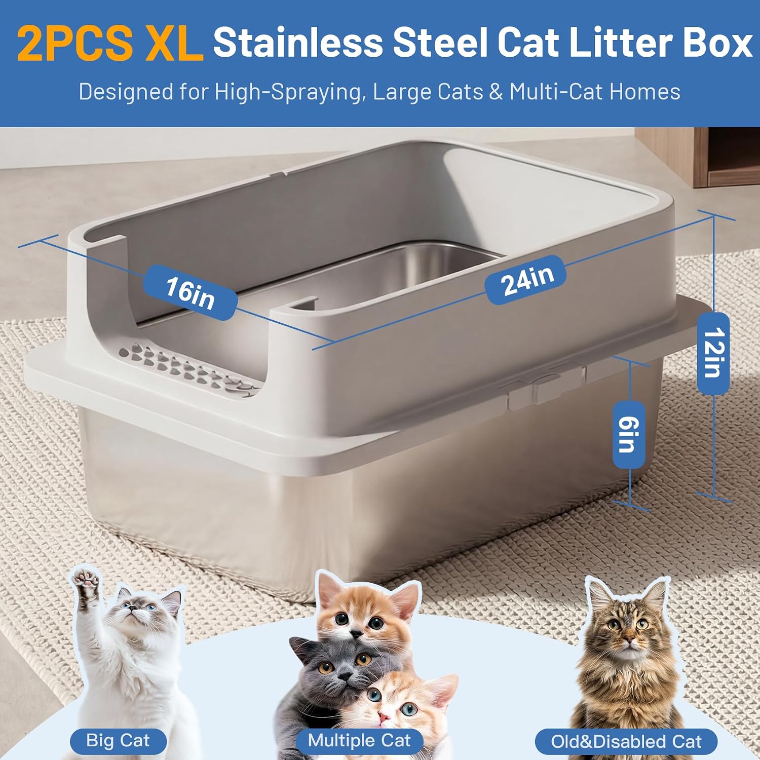 Detalle de Jotesnew XXF-ST Stainless Steel Cat Litter Boxes, 2-Pack, XL with High Sides