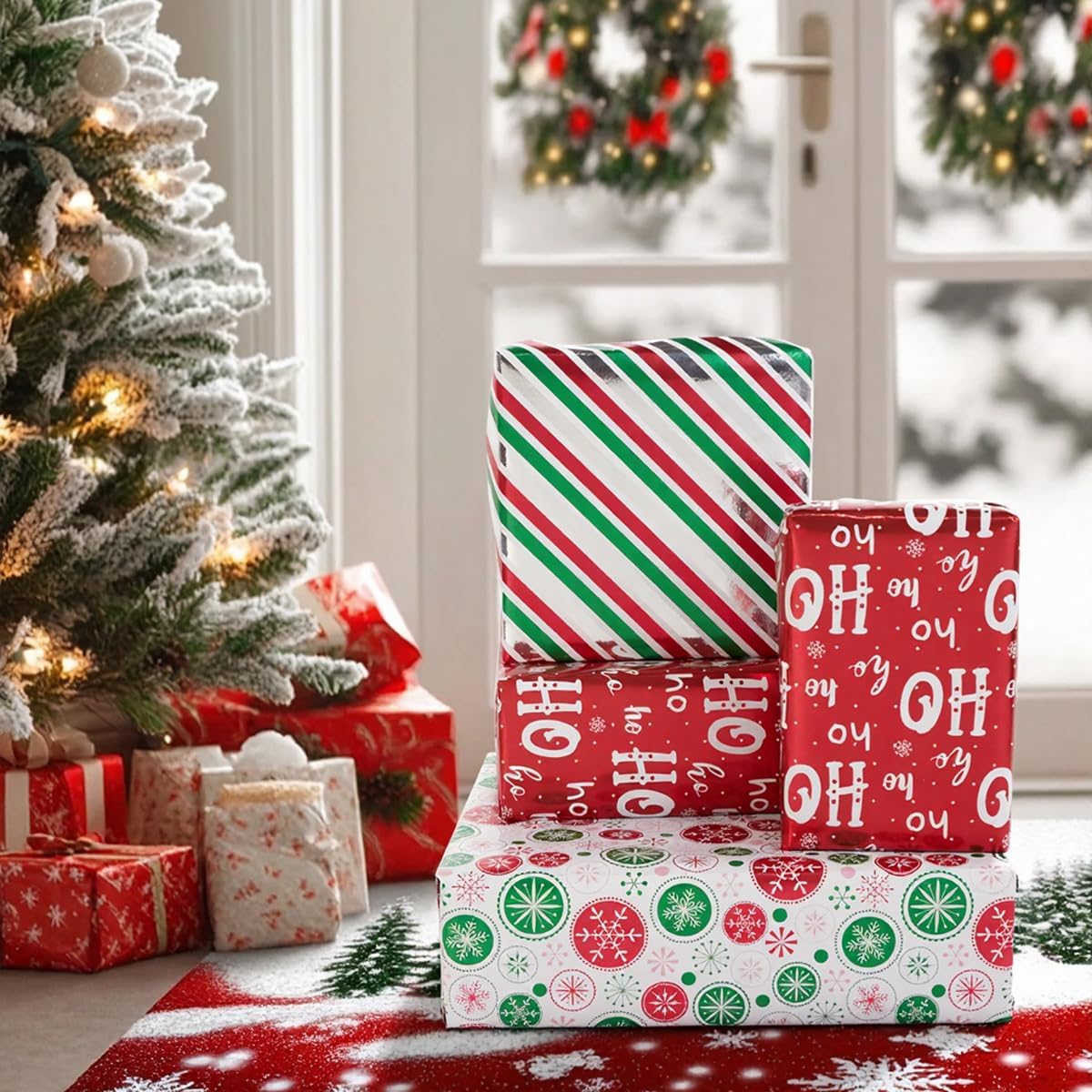 Detalle de Christmas Wrapping Paper Roll – Red & Green Snowflake, 3 Rolls (43cm x 3m) Metallic Gift Wrap