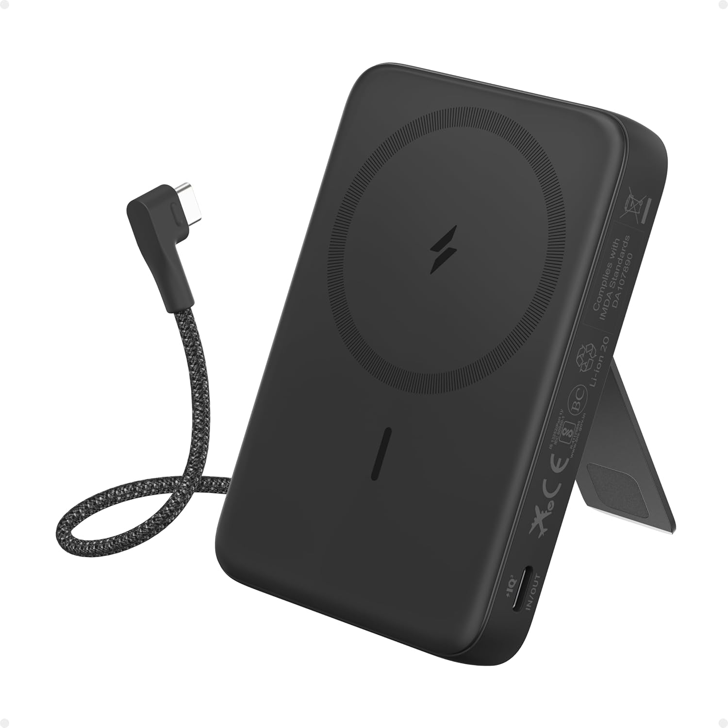 Detalle de Anker Zolo Magnetic Power Bank 10K: 30W Fast Charge, Built‑in USB‑C Cable & Stand