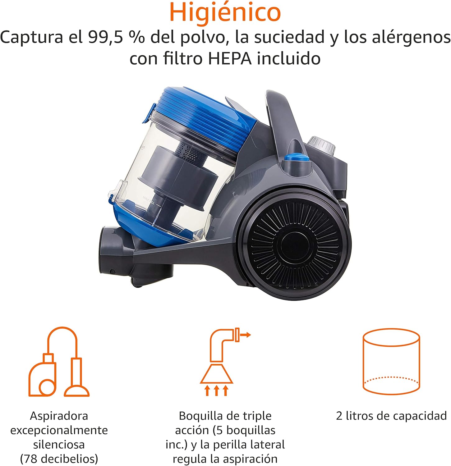 Detalle de Amazon Basics Aspirador Cilindro Sin Bolsa 700W, HEPA, Ligero