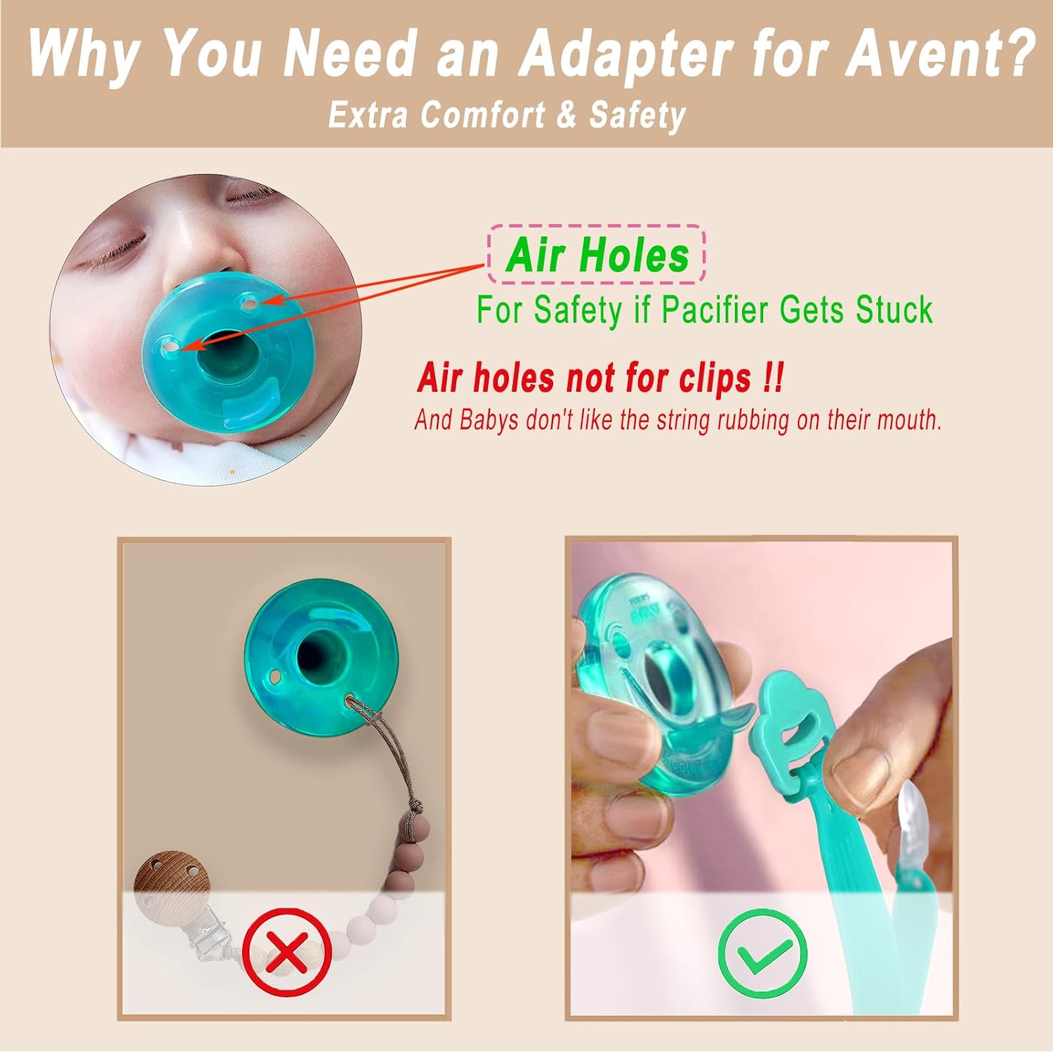 Detalle de Qunland Philips Avent Soothie対応 おしゃぶりクリップ シリコーン製 アダプターリング付き ピンク・パープル