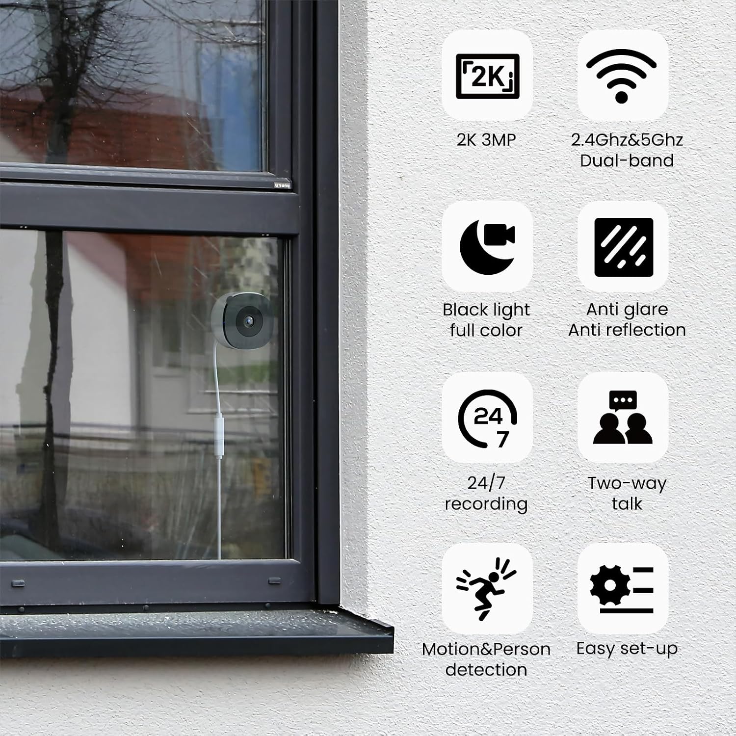 Detalle 2 de INFIYA 2K Window Camera (K1) dual-band WiFi indoor camera for through-glass home security