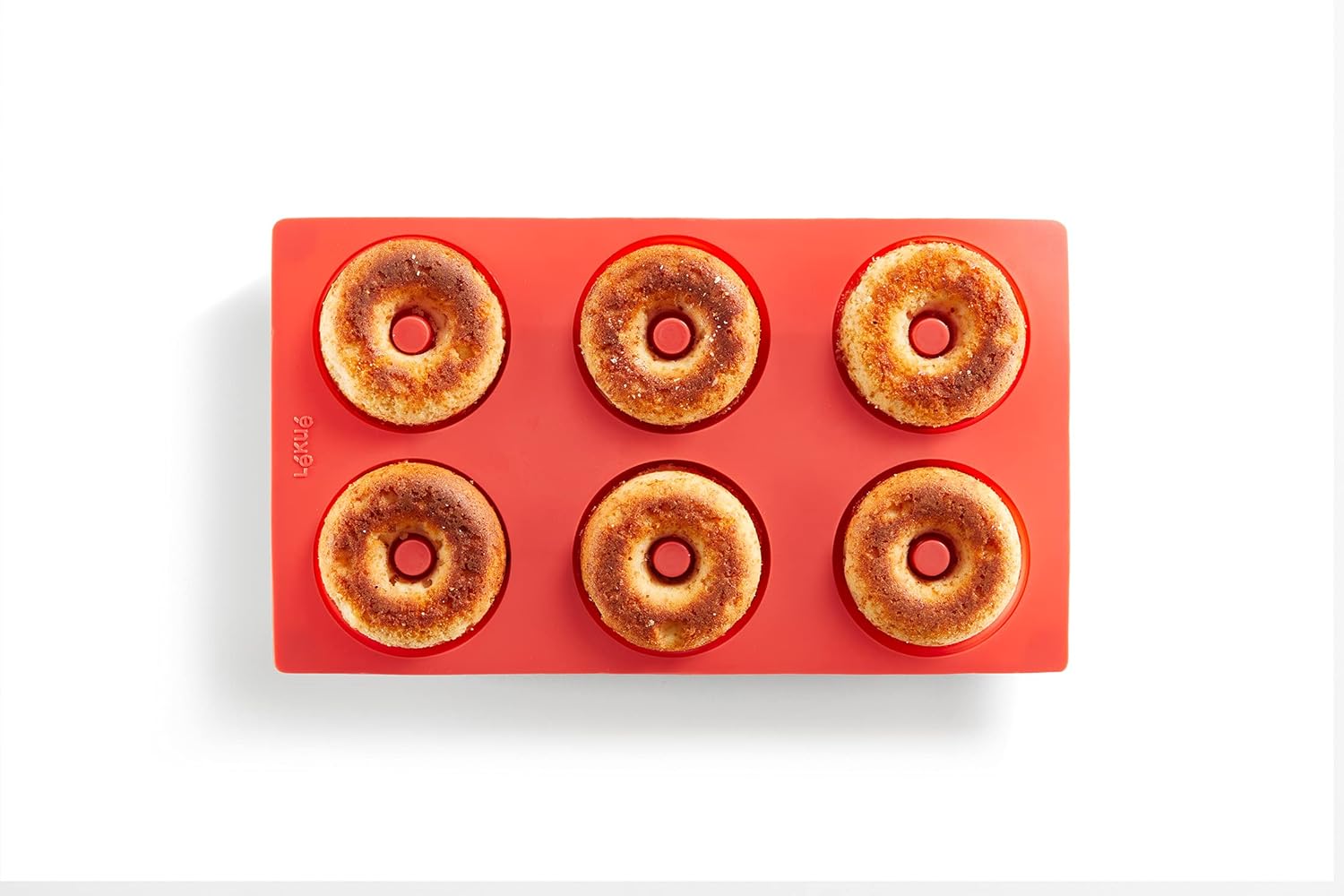 Detalle de Lékué Doughnut Backform 6 Mulden aus Platin-Silikon, Rot (0620406R01)