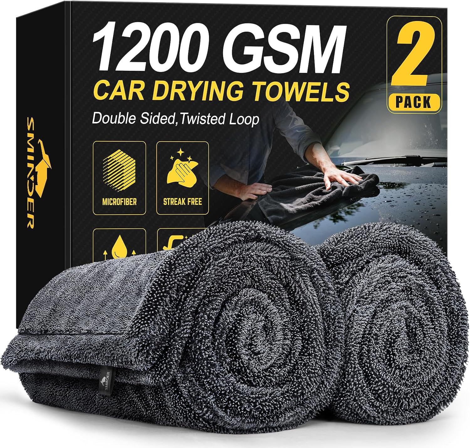 SMINDER 2-Pack Car Drying Towels 1200 GSM, 36 x 24 inches - Edgeless, Scratch-Free, Ultra Absorbent Microfiber