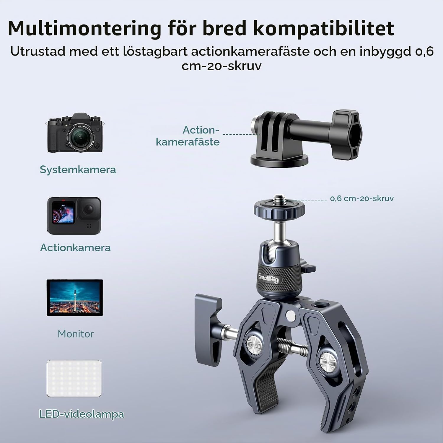 Detalle de SMALLRIG 4102B kameraklämma med kulhuvud, 360° rotation och avtagbar adapter