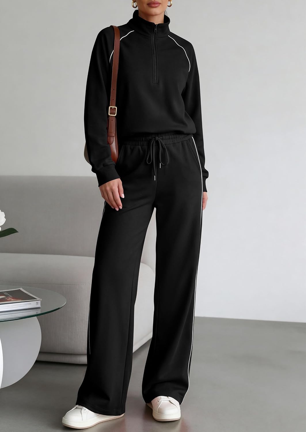Detalle de PRETTYGARDEN Women's 2 Piece Tracksuit Set: Cozy Lapel Half Zip Sweatshirt + Wide Leg Palazzo Pants
