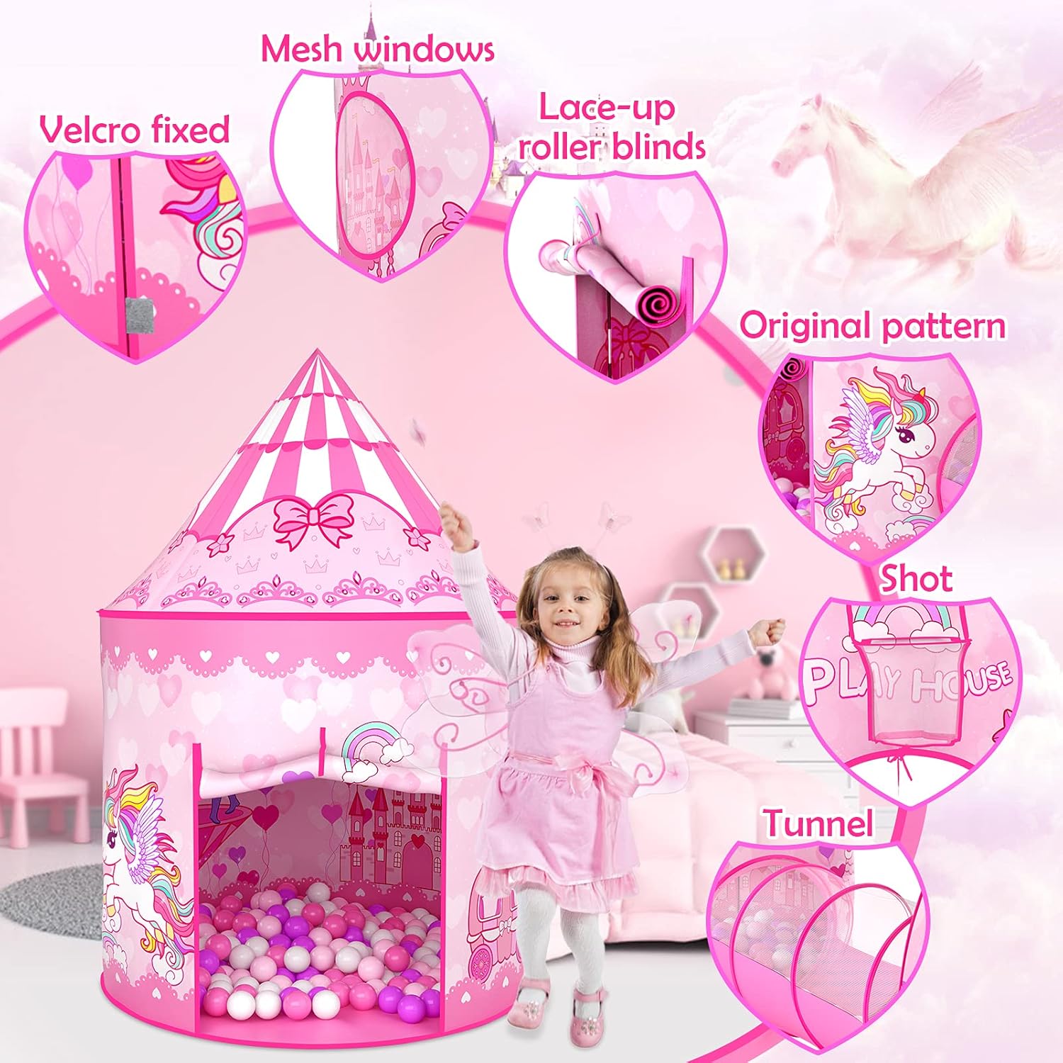 Thumbnail 5 de GeerWest 3-Piece Princess Tent for Girls with Ball Pit and Crawl Tunnel (Pink) – Indoor & Outdoor 3-in-1 Playhouse