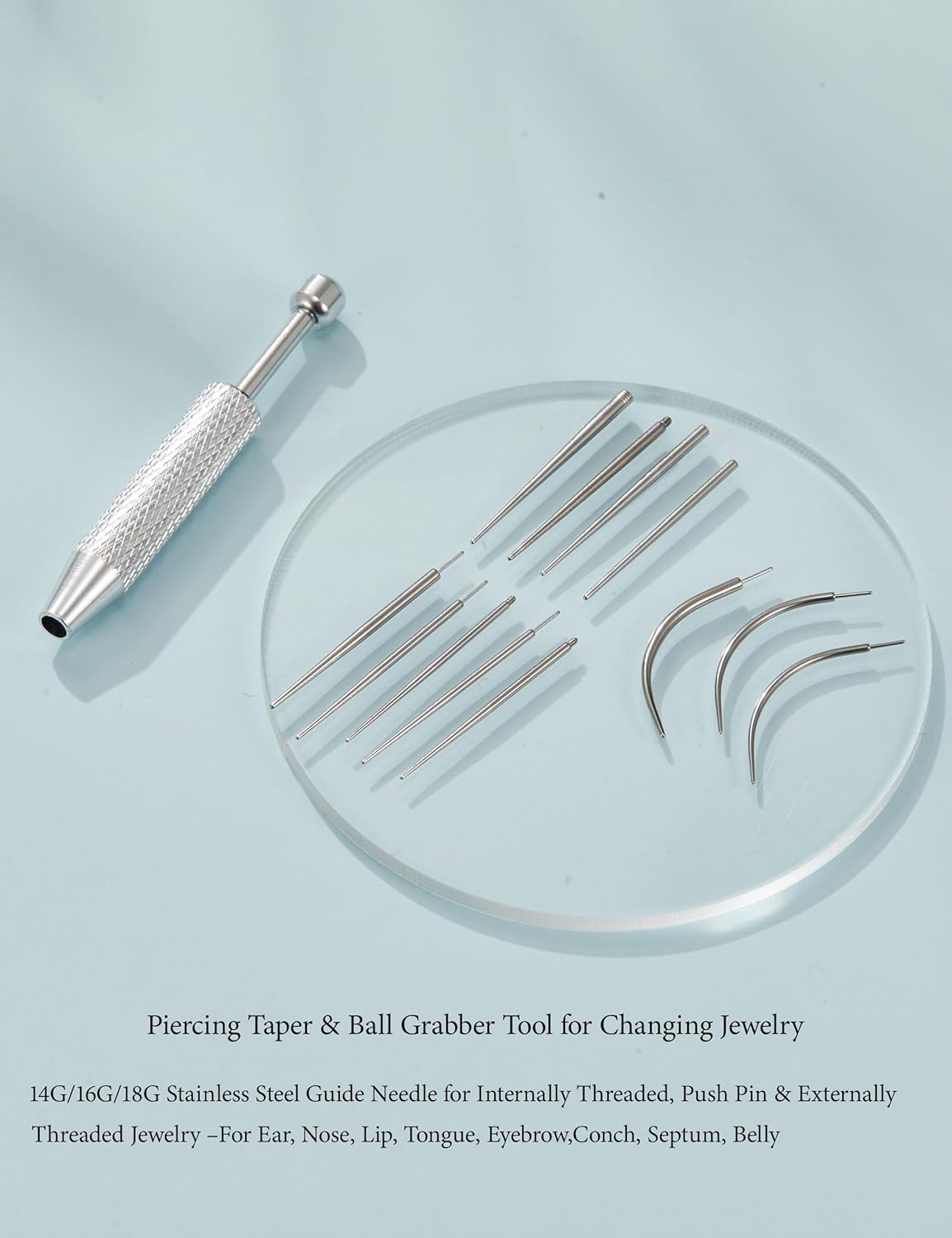 Detalle de Kit de piercing MACACHII (14G, 16G, 18G) : pince, aiguilles coniques et outil ouvre-boule