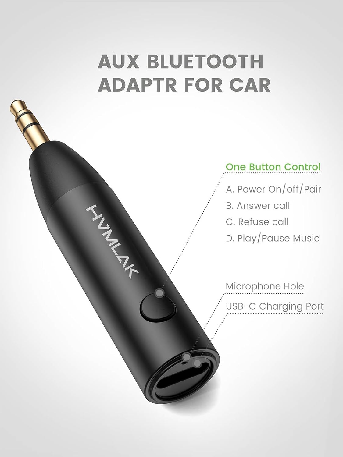 Detalle de HVMLAK Aux Bluetooth Adapter Auto – Bluetooth 5.4, Klinke 3,5, Mikrofon & CD-Klangqualität
